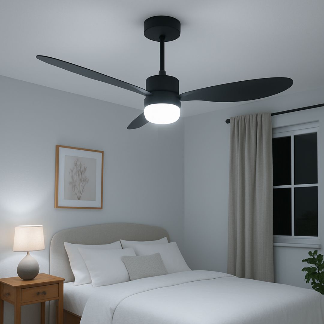 Ventilador de Techo Negro con Luz LED Regulable y Motor DC – 6 Velocidades