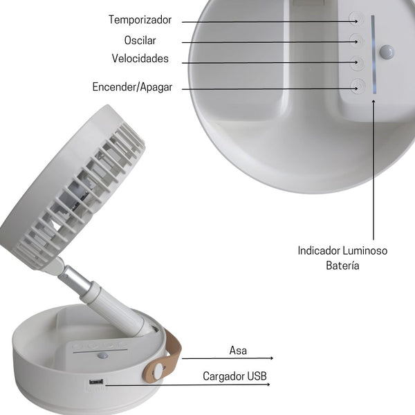 Ventilador Portátil USB Recargable Diseño Telescópico Plegable para Mesa y Pie con Mando