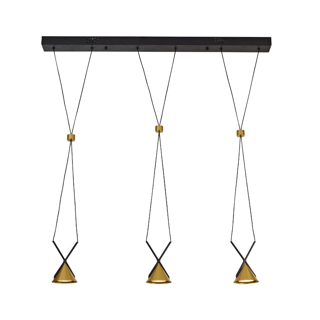 Candeeiro suspenso LED Eyra com 3 focos 9W 3000K em preto e dourado