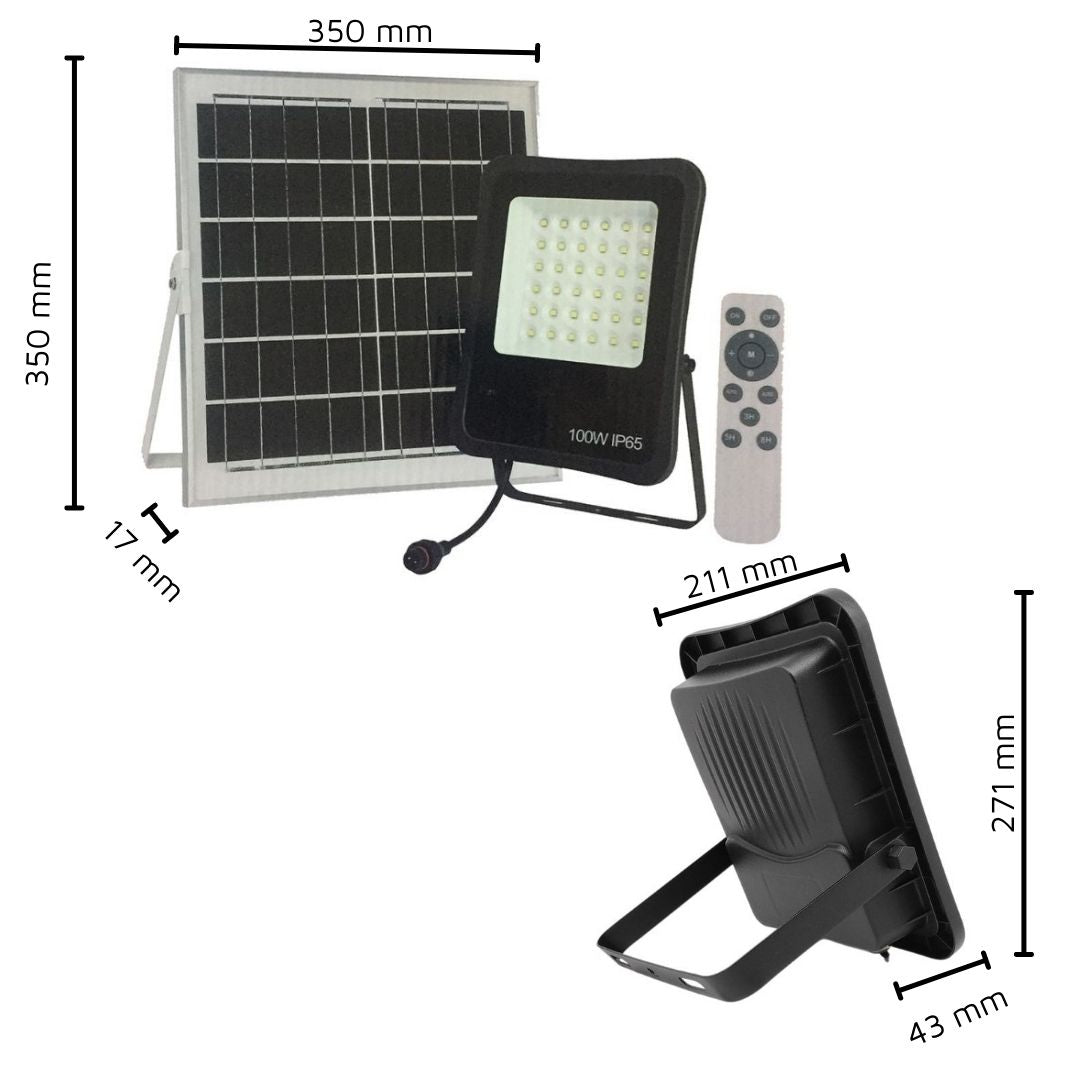 Foco Proyector Led Exterior 100w 6500k con placa solar, sensor crepuscular, control remoto y 5 mts de cable