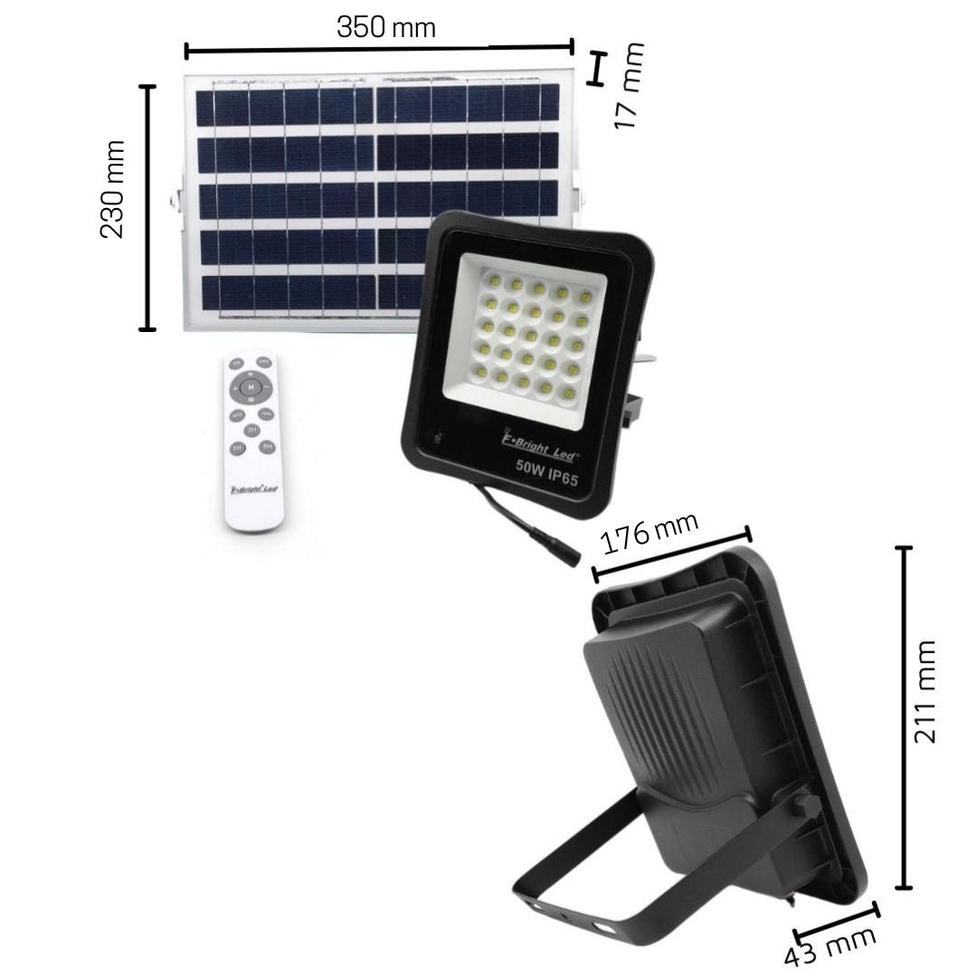 Foco Proyector Led Exterior 50w 3000k con placa solar, sensor crepuscular, control remoto y 5 mts de cable