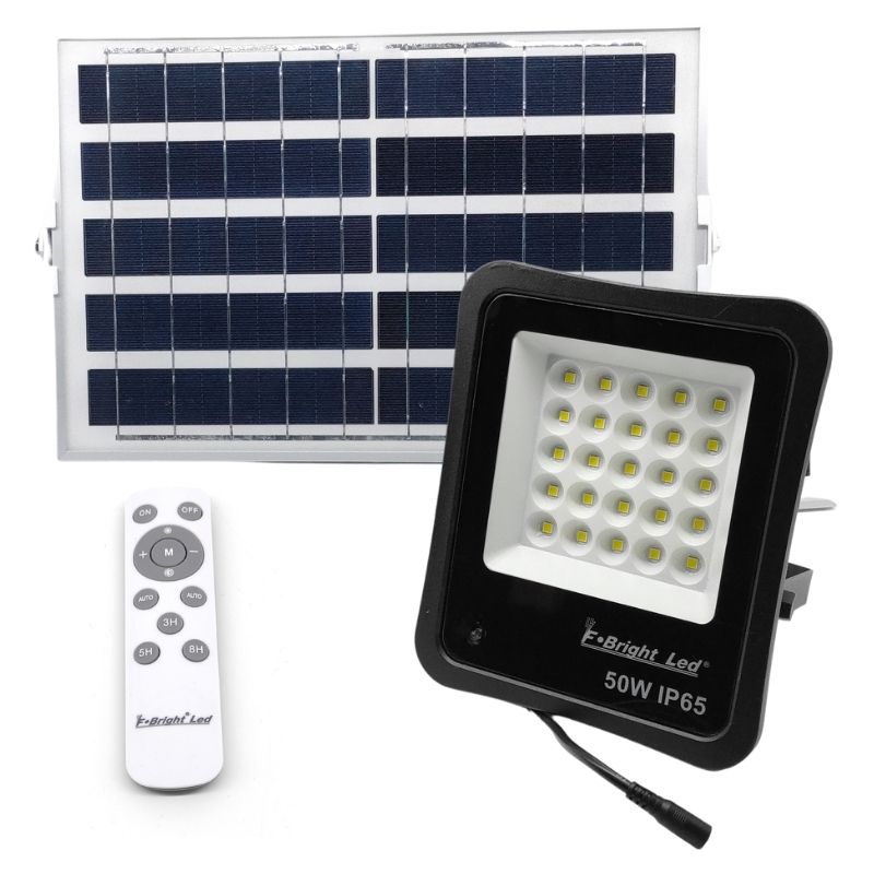 Foco Proyector Led Exterior 50w 6500k con placa solar, sensor crepuscular, control remoto y 5 mts de cable
