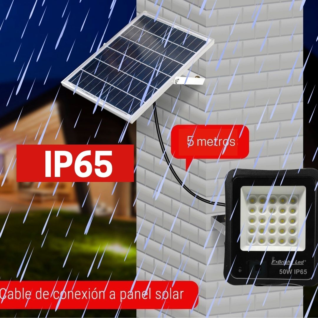 Foco Proyector Led Exterior 50w 6500k con placa solar, sensor crepuscular, control remoto y 5 mts de cable
