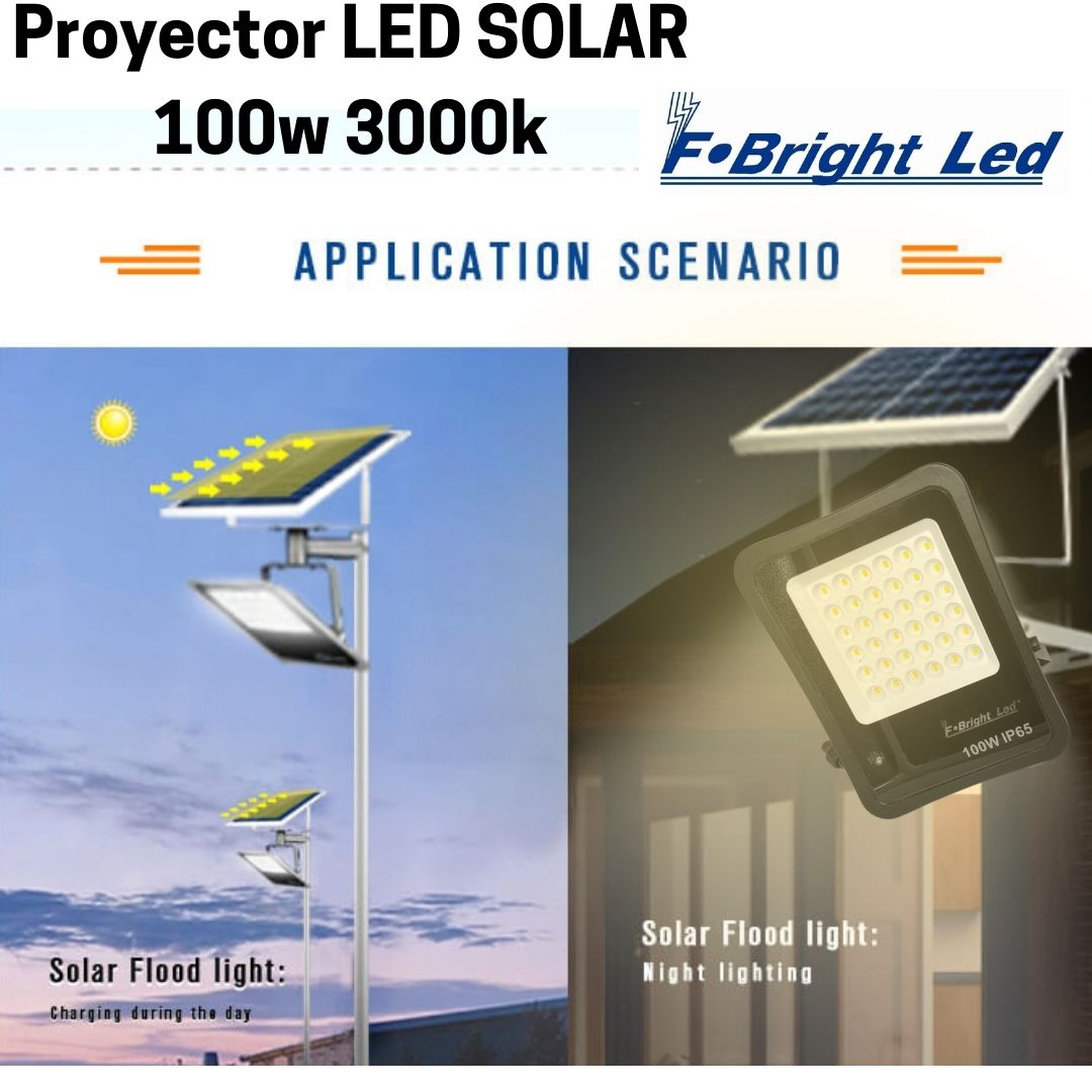 Foco Proyector Led Exterior 100w 3000k con placa solar, sensor crepuscular, control remoto y 5 mts de cable