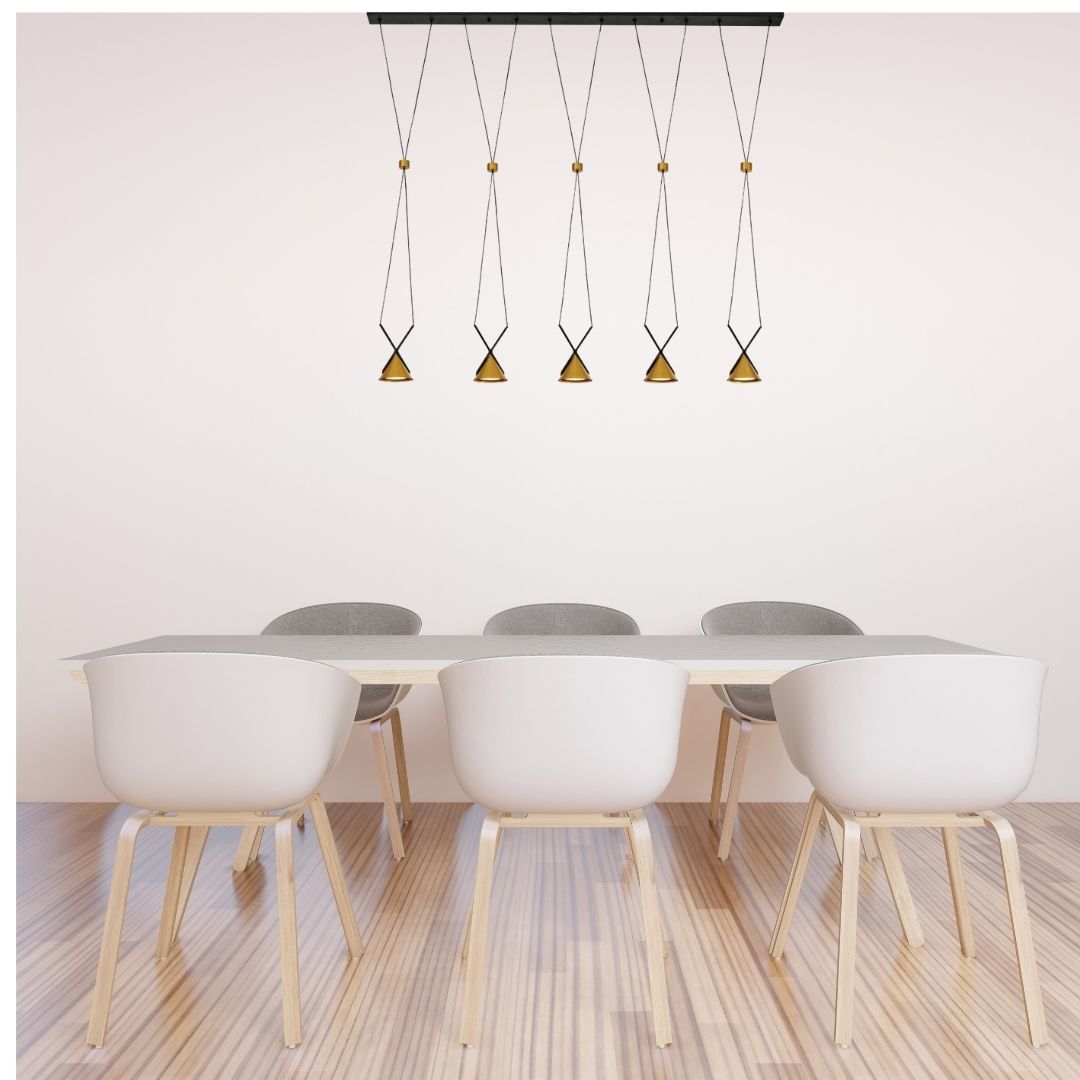 Candeeiro suspenso LED Elina com 5 focos 15W 3000K em preto e dourado