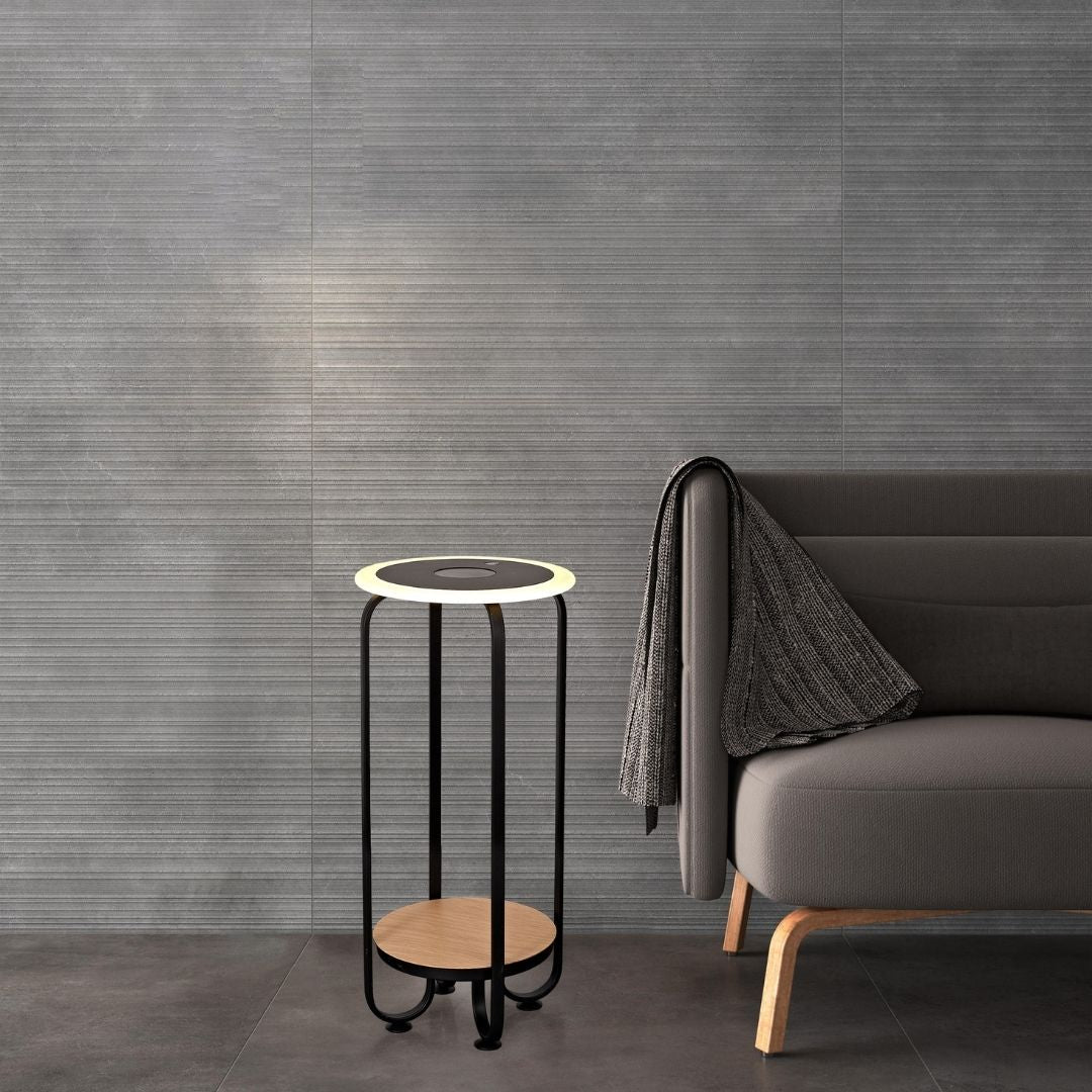 Mesa con luz Led 20w, cargador inalámbrico, 75,5 cm en negro y madera