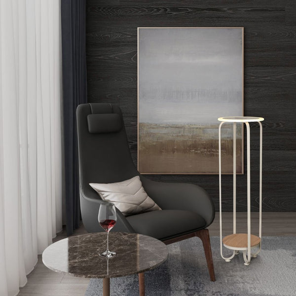 Mesa con luz Led 20w, cargador inalámbrico, 112,5 cm en blanco y madera