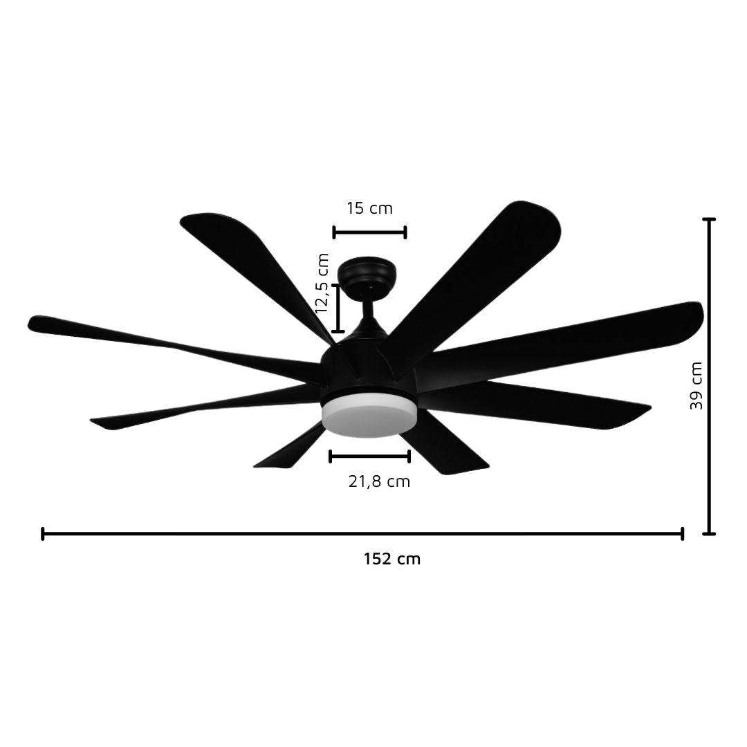 Ventilador de Techo con Luz LED 24w y Motor 45w DC de 8 Aspas Negras