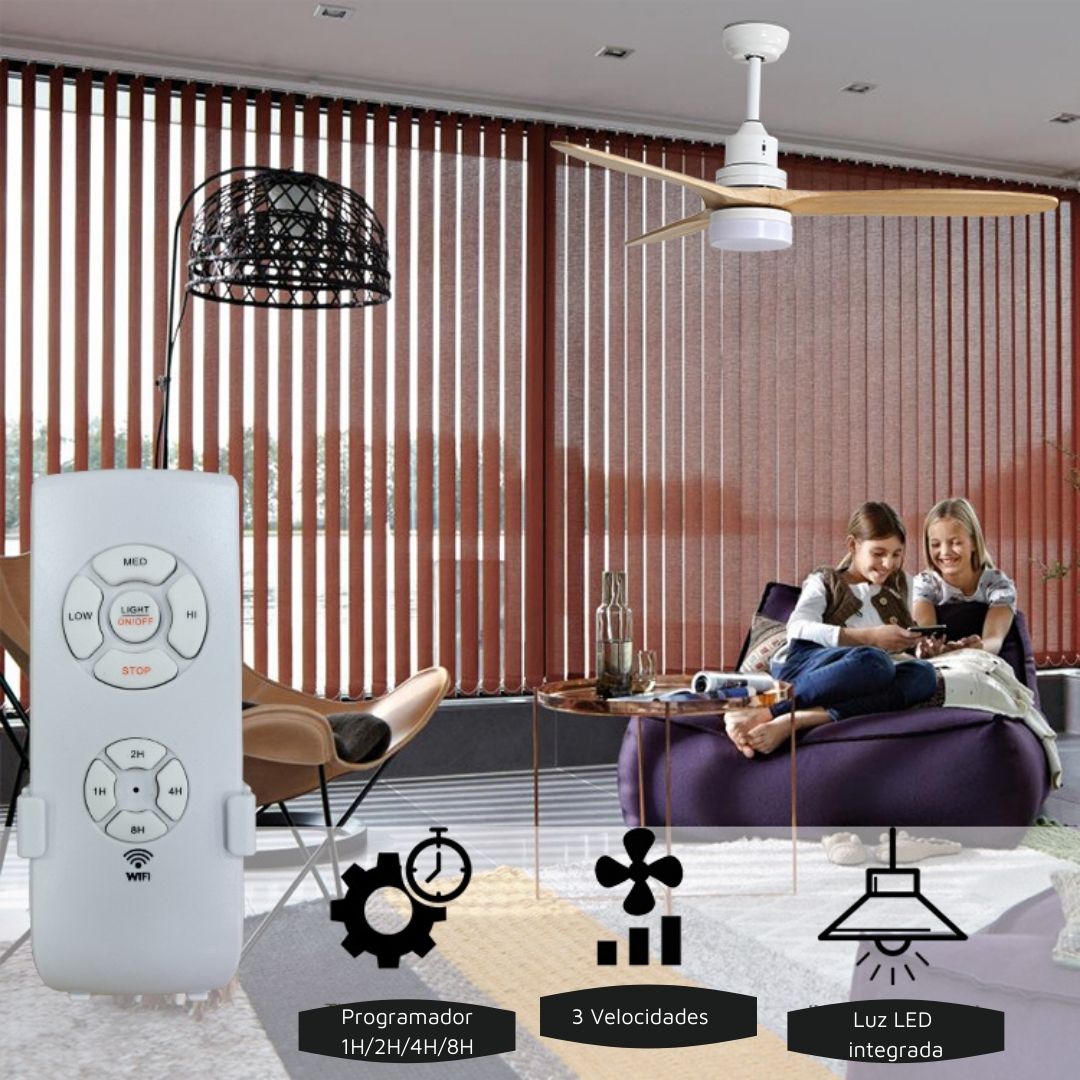 Ventilador de Techo con Luz Led 18w, Motor 70w AC y Aspas de Madera