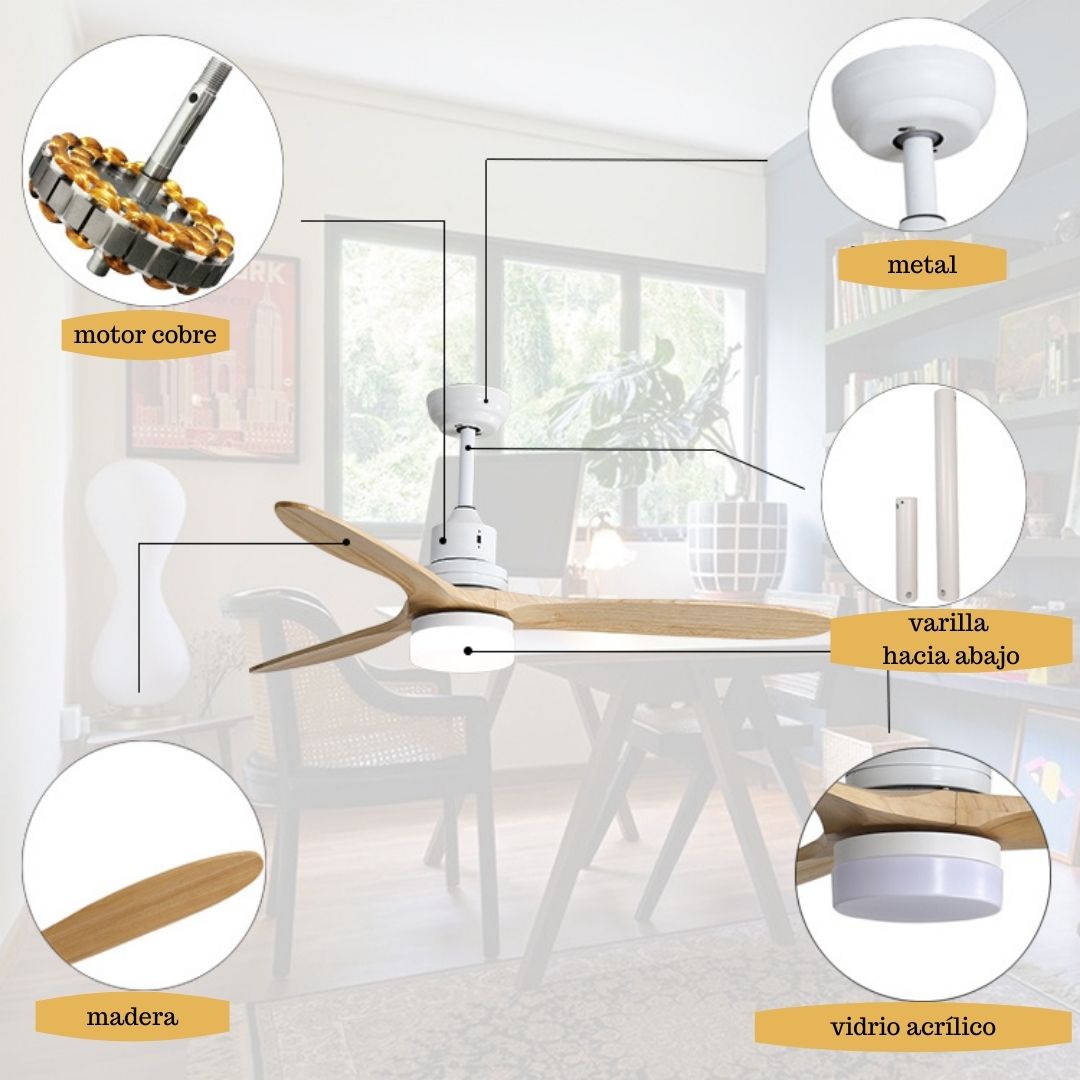 Ventilador de Techo con Luz Led 18w, Motor 70w AC y Aspas de Madera