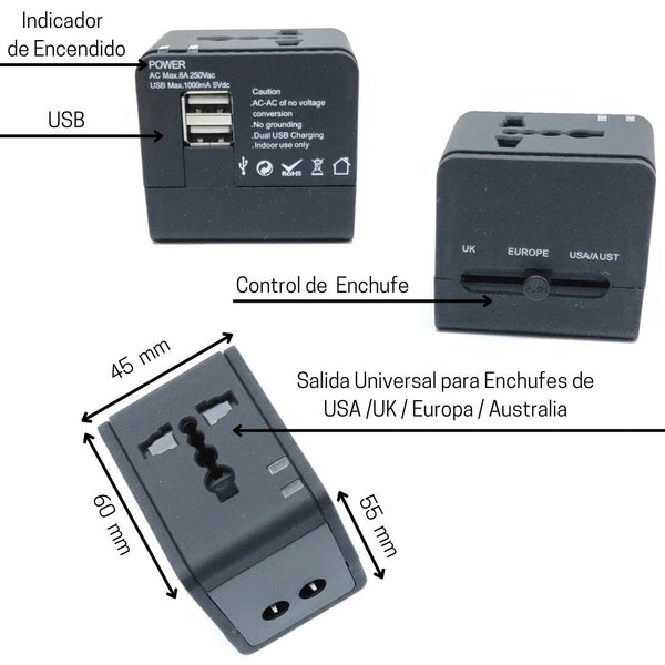 Adaptador de Viaje, Enchufe Universal con 2 USB para USA, UK, Europa y Australia