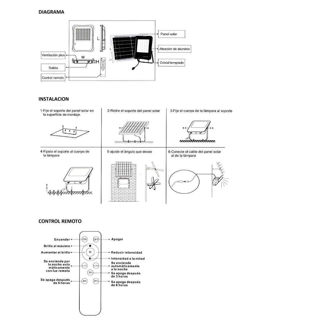 Projetor LED externo 100w 3000k com painel solar, sensor crepuscular, controle remoto e cabo de 5 m