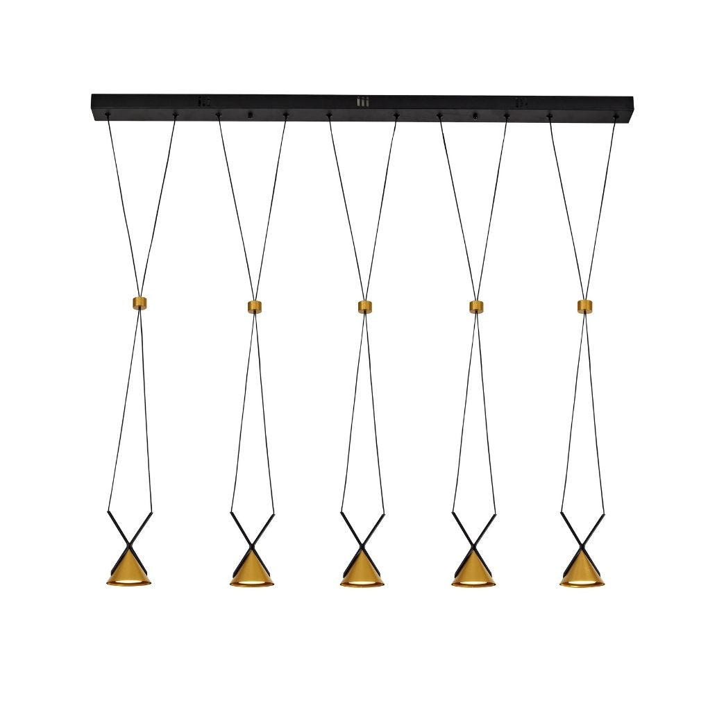 Candeeiro suspenso LED Elina com 5 focos 15W 3000K em preto e dourado