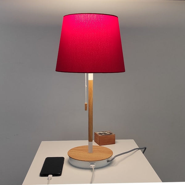 Lámpara de Mesa con cargador USB de Tela Roja y Madera