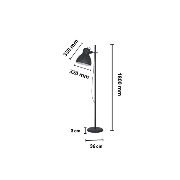 Lámpara de Pie de metal negro con 1 Foco y Altura Regulable