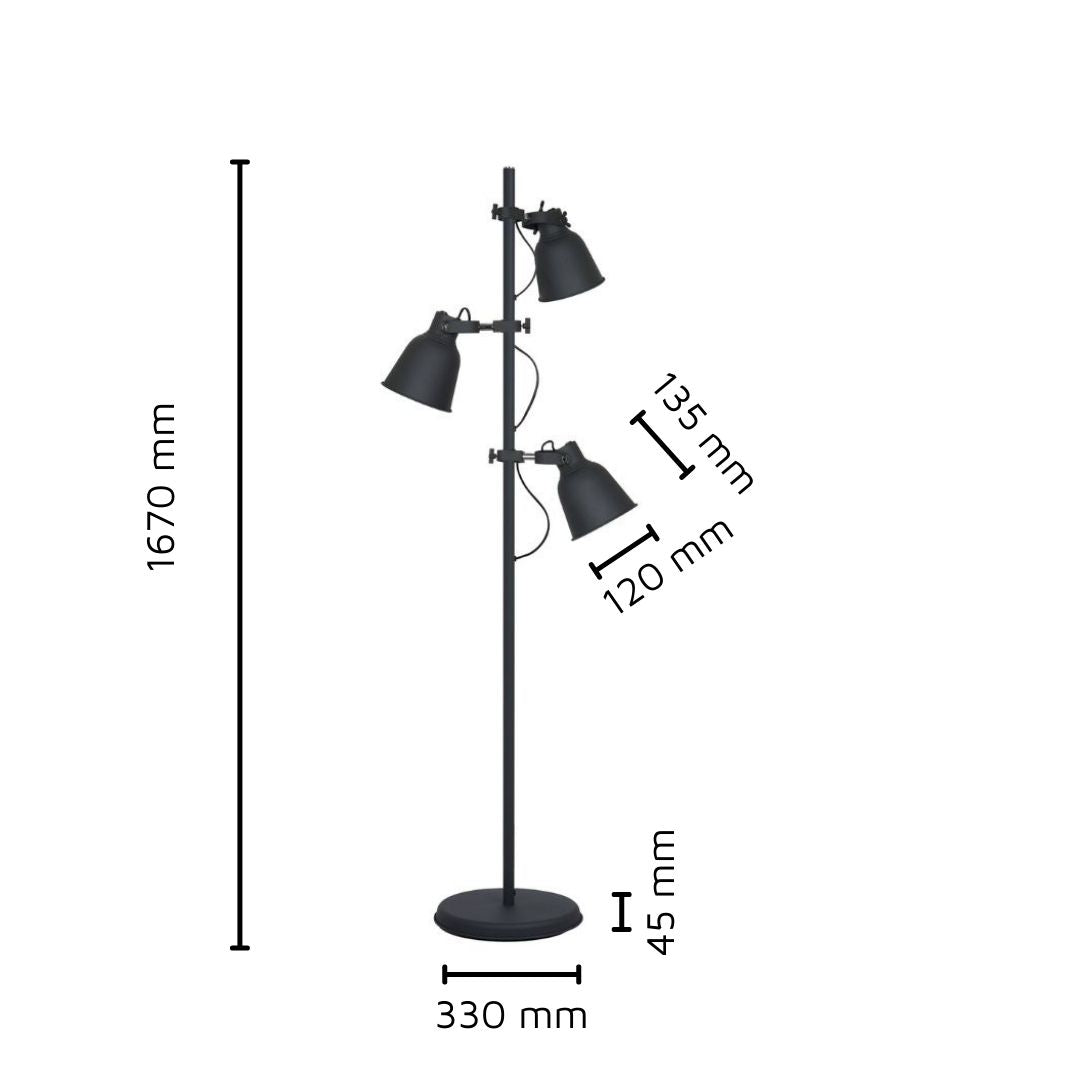 Lámpara de Pie Metal con 3 Focos y Altura Regulable Negro