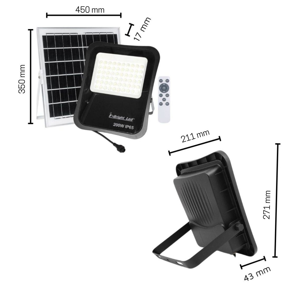 Projetor LED externo 200w 3000k com painel solar, sensor crepuscular, controle remoto e cabo de 1,5 m