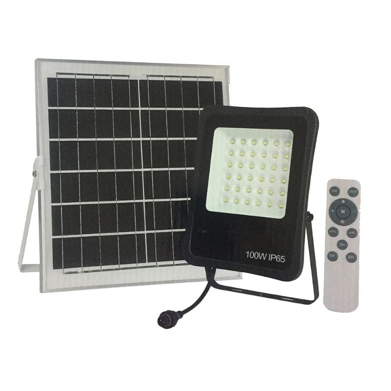 Projetor LED externo 100w 3000k com painel solar, sensor crepuscular, controle remoto e cabo de 5 m