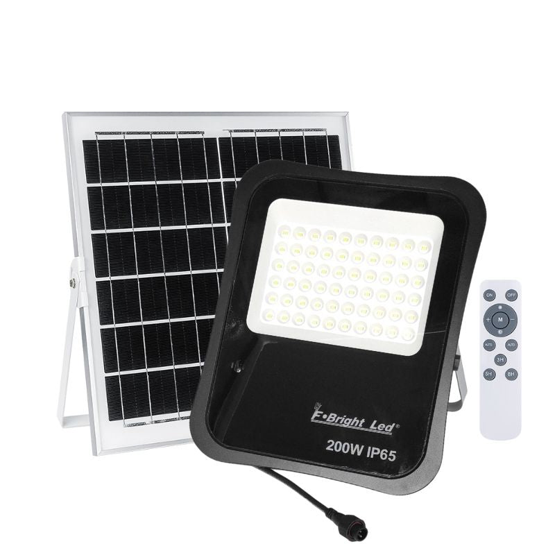 Projetor LED externo 200w 3000k com painel solar, sensor crepuscular, controle remoto e cabo de 1,5 m