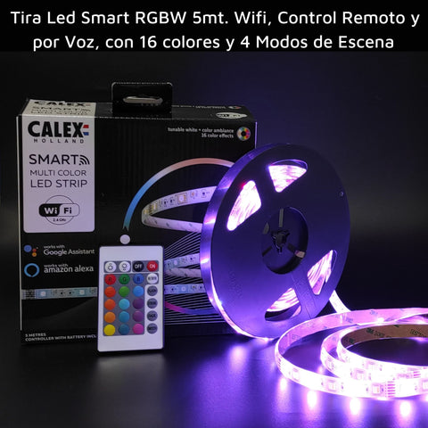 Tira Led Smart RGBW 5 mts. WIFI (2,4GHz), Control de Voz, mando a distancia,16 colores y 4 Modos de Escena