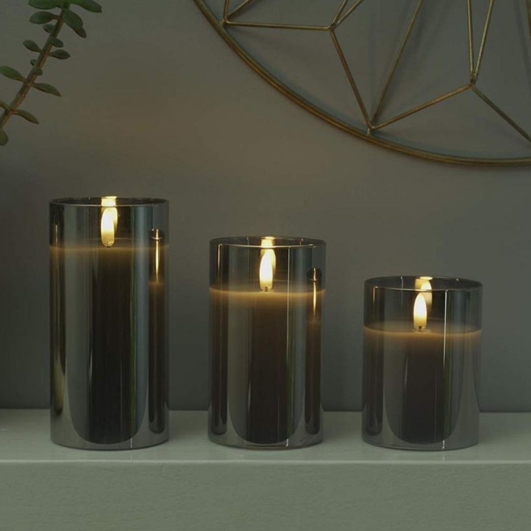 Set 3 Velas Led de Cristal Gris con Efecto Llama de Fuego